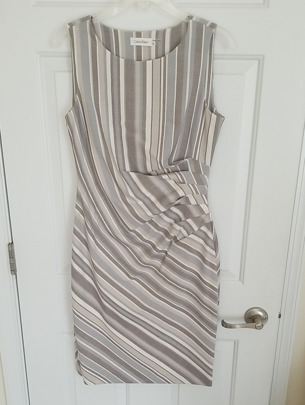 Calvin Klein Gray and White Striped Ruched Sheath Dress